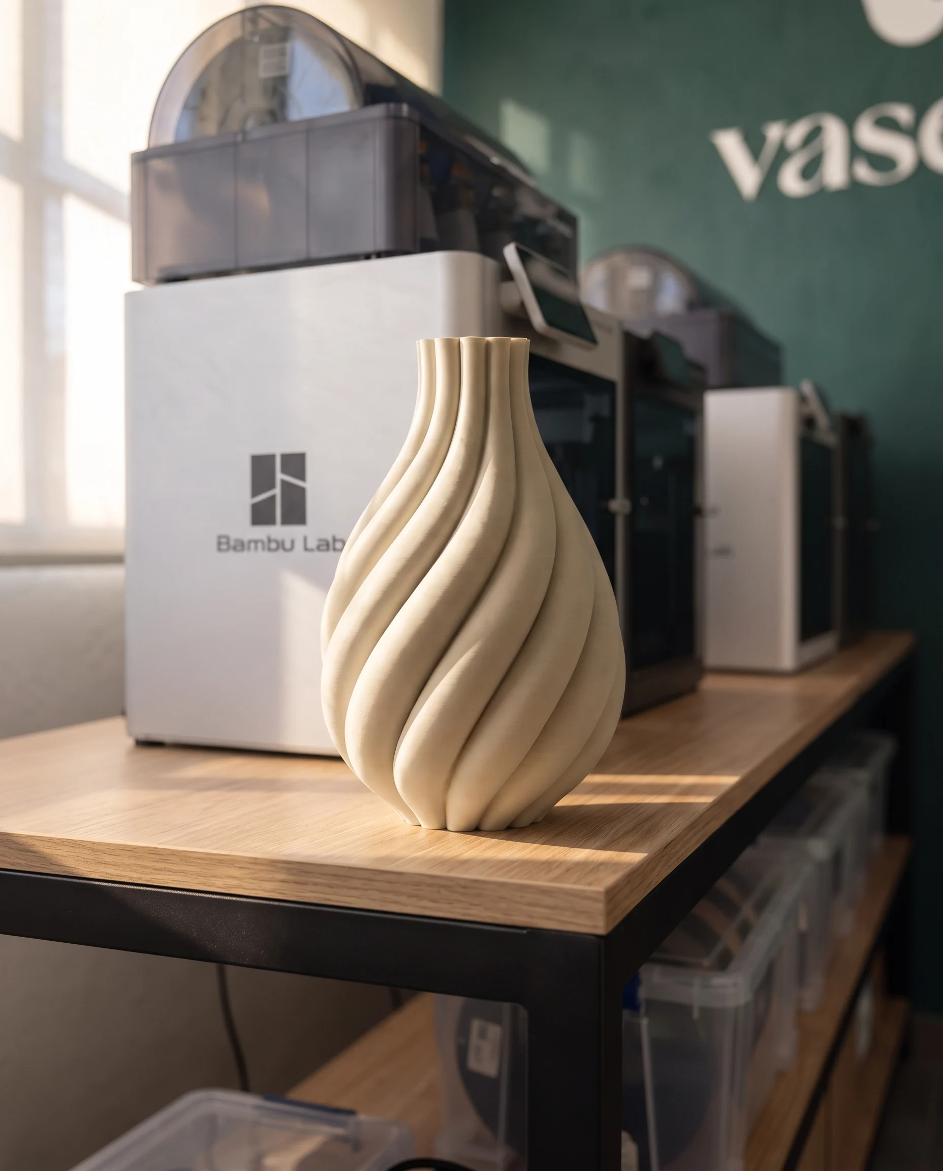 Studio Vasevo: printeri u nizu uz petrolej zid, gotova Sway vaza na stolu