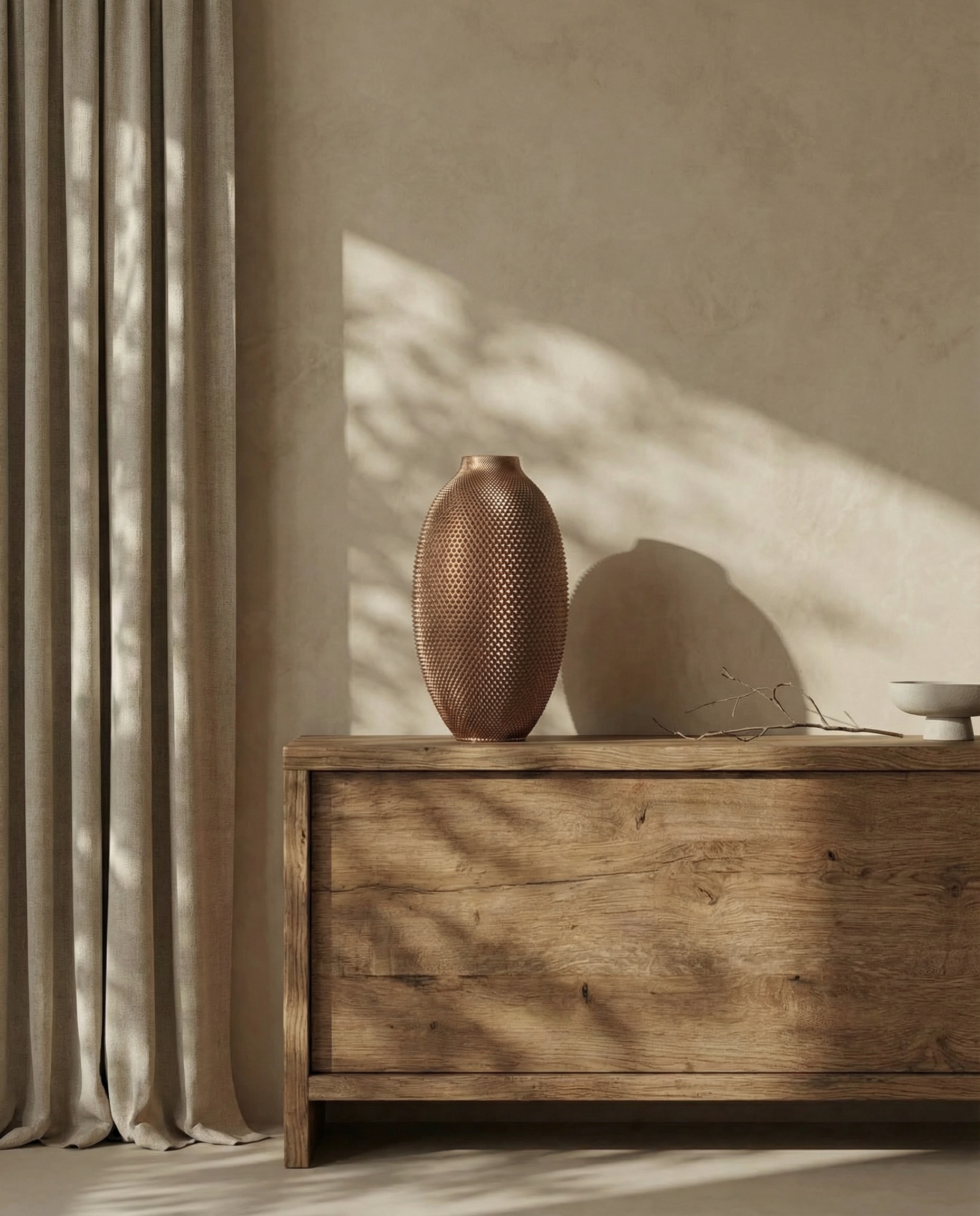 Vaze s vertikalnim žljebovima u toploj, zemljanoj paleti uz suhu biljku u interijeru