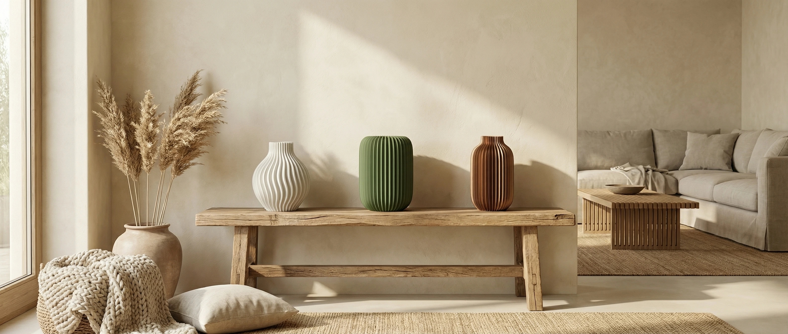 Raznolike Vasevo vaze složene zajedno, teksturirane površine i meki tonovi u jednom kadu